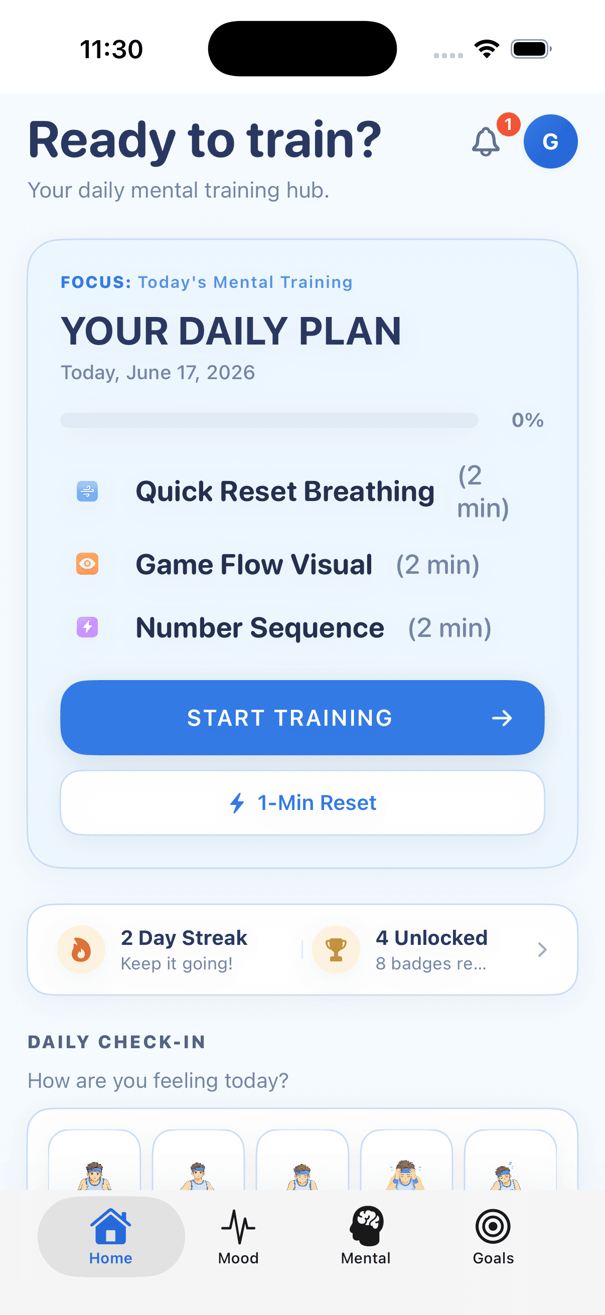 GameReady app home screen showing today's mental-training plan