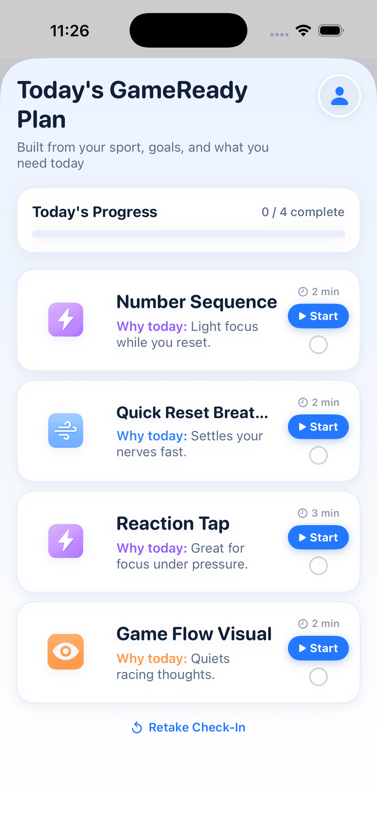 GameReady Personalized Daily Plan screen