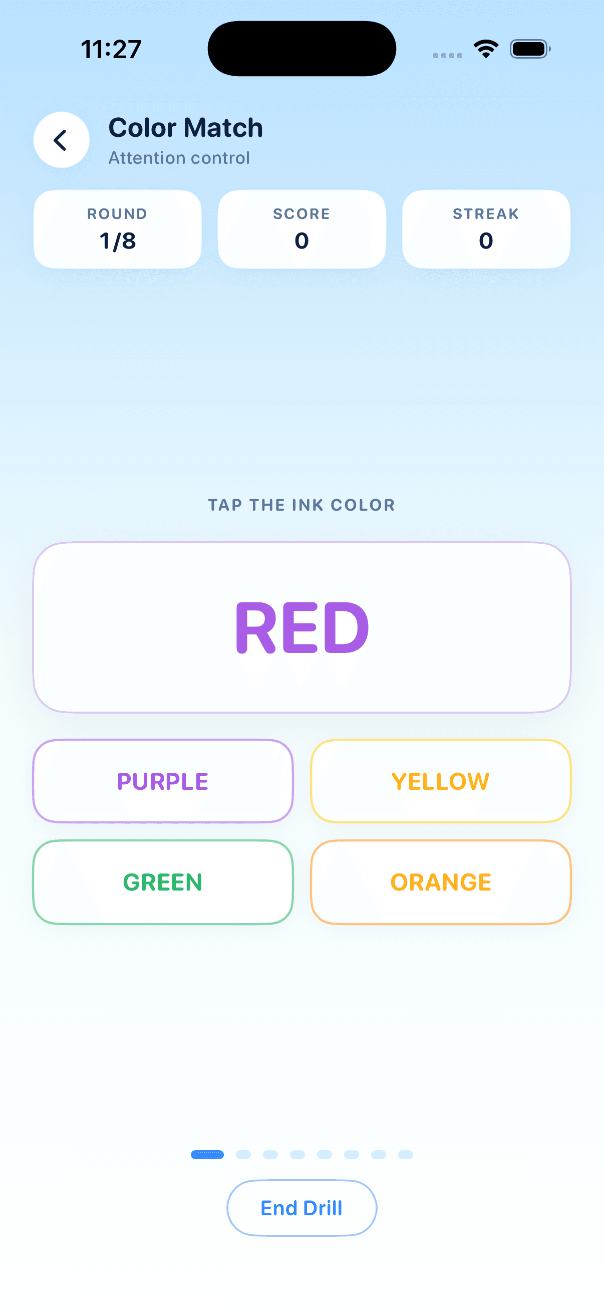 GameReady focus drill — a color-match reaction exercise in progress