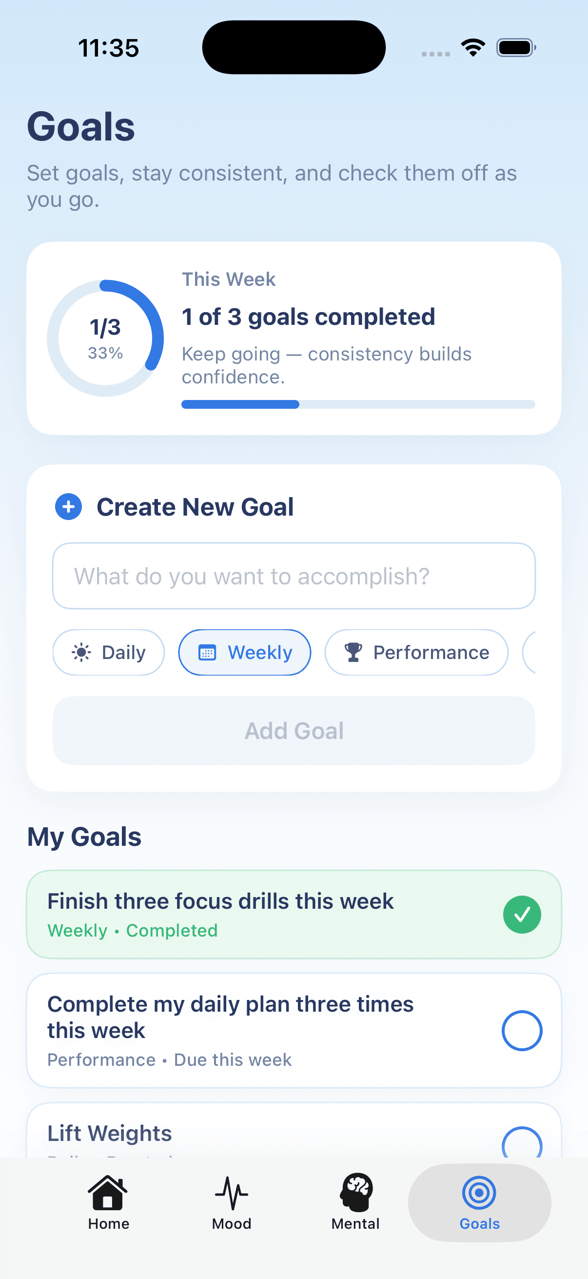 GameReady Goal Setting screen